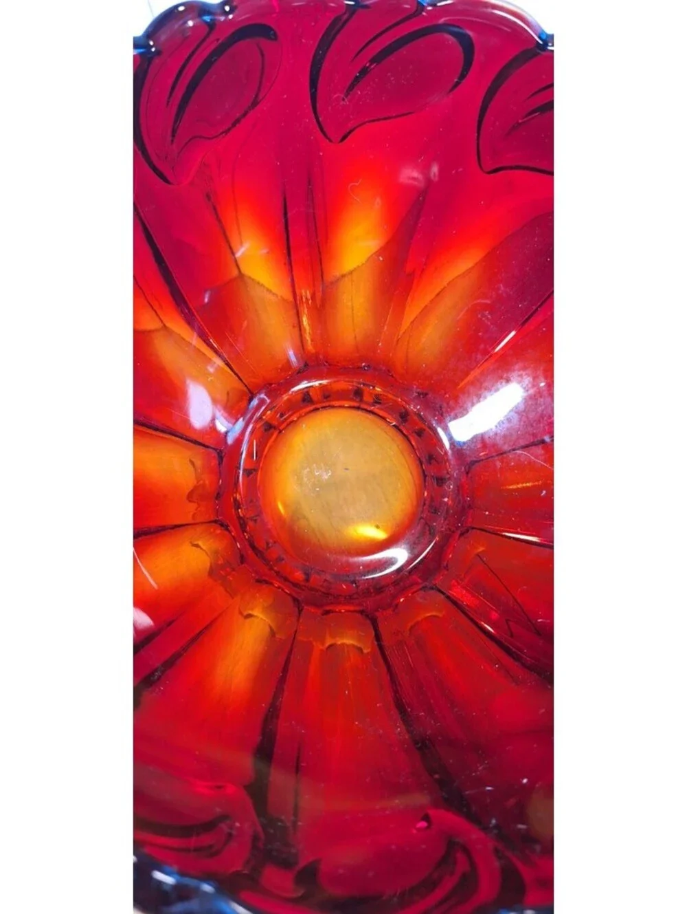 Indiana Glass Tiara Sunset Deep Red Calla Lily Leaf Footed Amberina Bowl 5”T 9”W